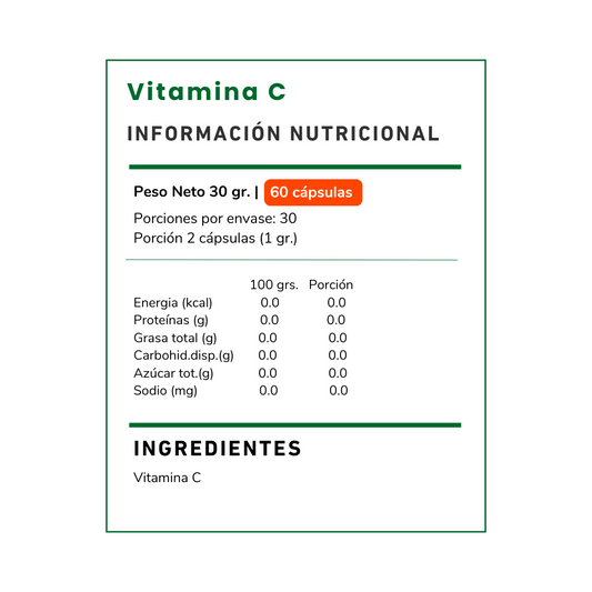 Suplemento de Vitamina C 500 mg Vitamina Green. Contribuye al funcionamiento del sistema inmune y a la formación de colágeno. Calidad garantizada. Envío Chile.