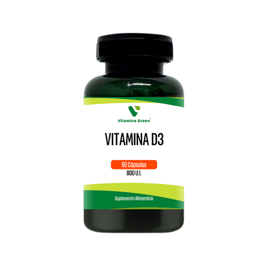 Suplemento de Vitamina D3 800 UI Vitamina Green. Contribuye al mantenimiento de los huesos y al funcionamiento normal del sistema inmune. Envío rápido en Chile.