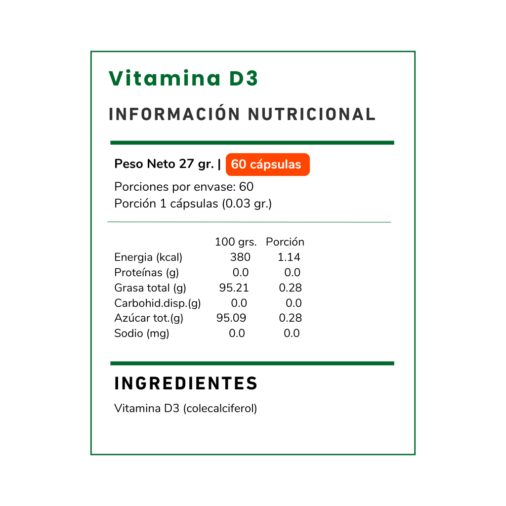 Suplemento de Vitamina D3 800 UI Vitamina Green. Contribuye al mantenimiento de los huesos y al funcionamiento normal del sistema inmune. Envío rápido en Chile.