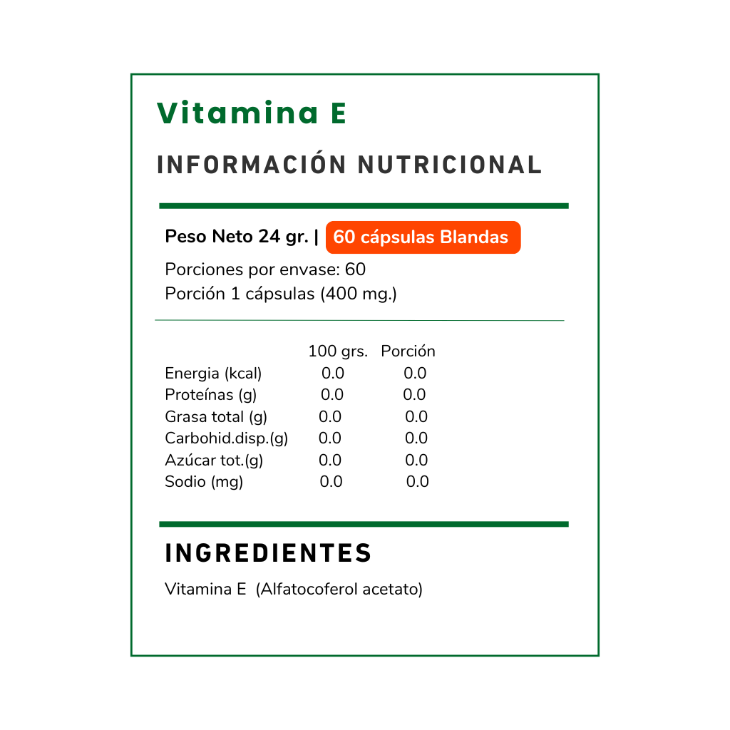 Vitamina E 60 cápsulas Vitamina Green, suplemento para apoyo antioxidante y protección celular. Envío a todo Chile.