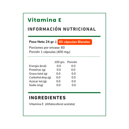 Vitamina E 60 cápsulas Vitamina Green, suplemento para apoyo antioxidante y protección celular. Envío a todo Chile.