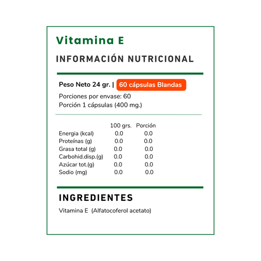 Vitamina E 600 UI de Vitamina Green. Suplemento antioxidante que contribuye a la protección celular y al bienestar de la piel. Compra con envío a todo Chile.