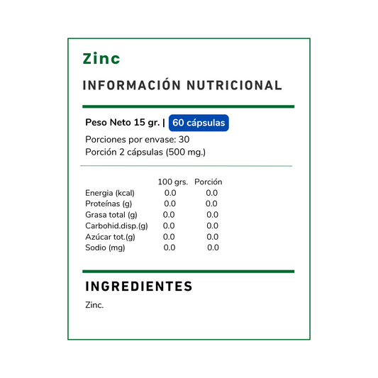 Suplemento de Zinc Bisglicinato 210 mg de Vitamina Green. Zinc quelado de alta absorción que contribuye al sistema inmune y al cuidado de la piel. Envío Chile.
