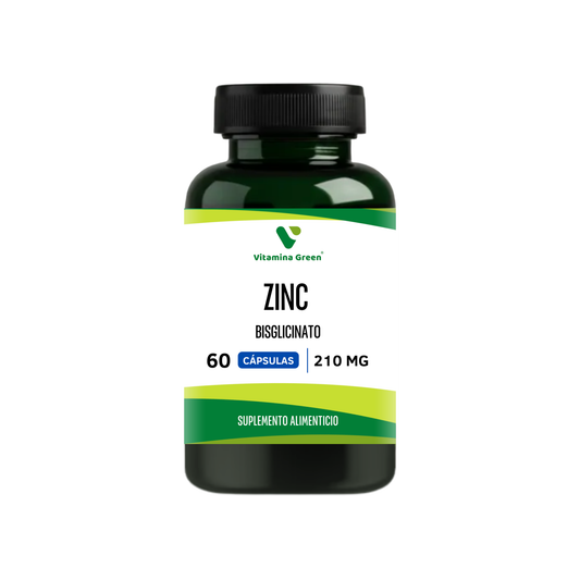 Suplemento de Zinc Bisglicinato 210 mg de Vitamina Green. Zinc quelado de alta absorción que contribuye al sistema inmune y al cuidado de la piel. Envío Chile.