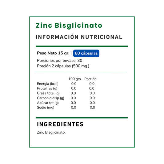 Suplemento de Zinc Bisglicinato 210 mg de Vitamina Green. Zinc quelado de alta absorción que contribuye al sistema inmune y al cuidado de la piel. Envío Chile.